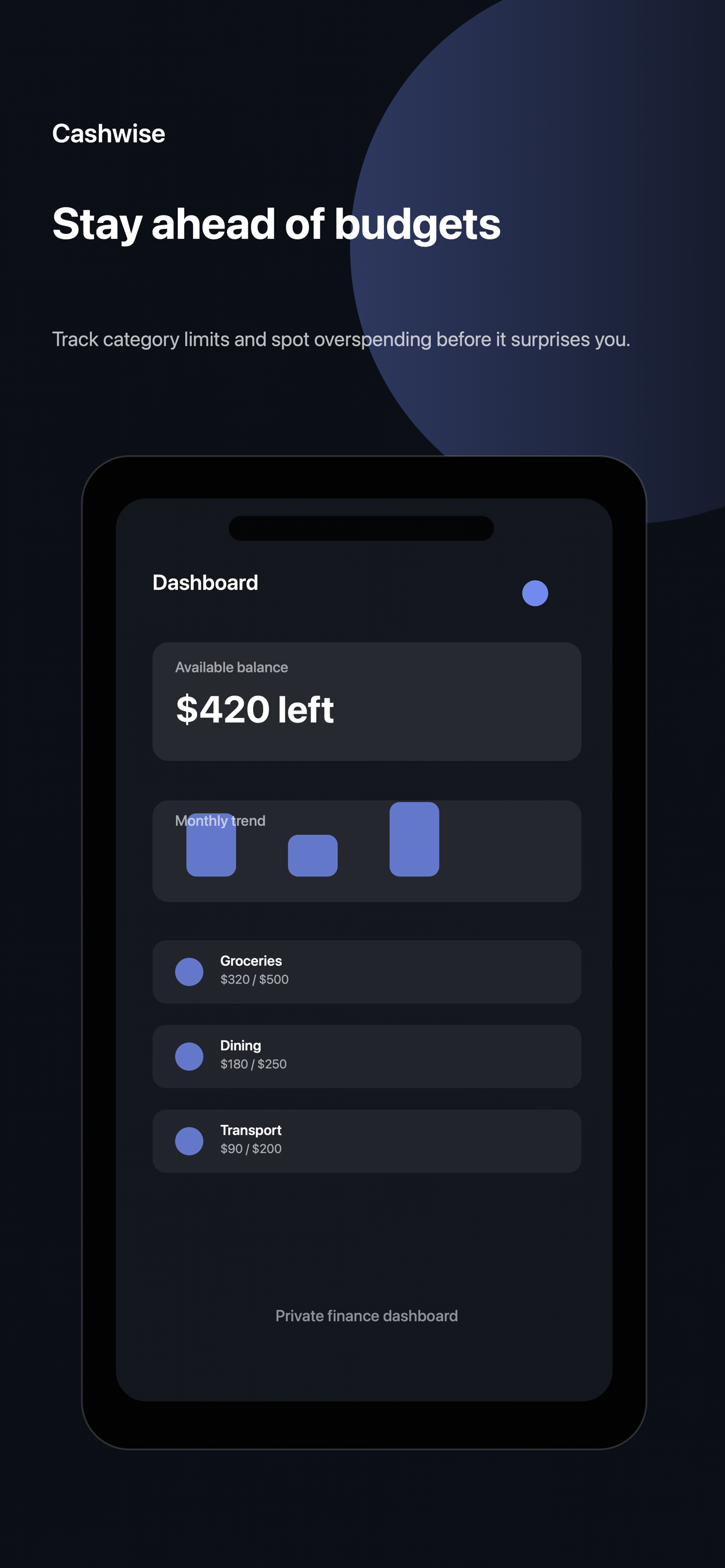 Budgets screenshot showing category progress